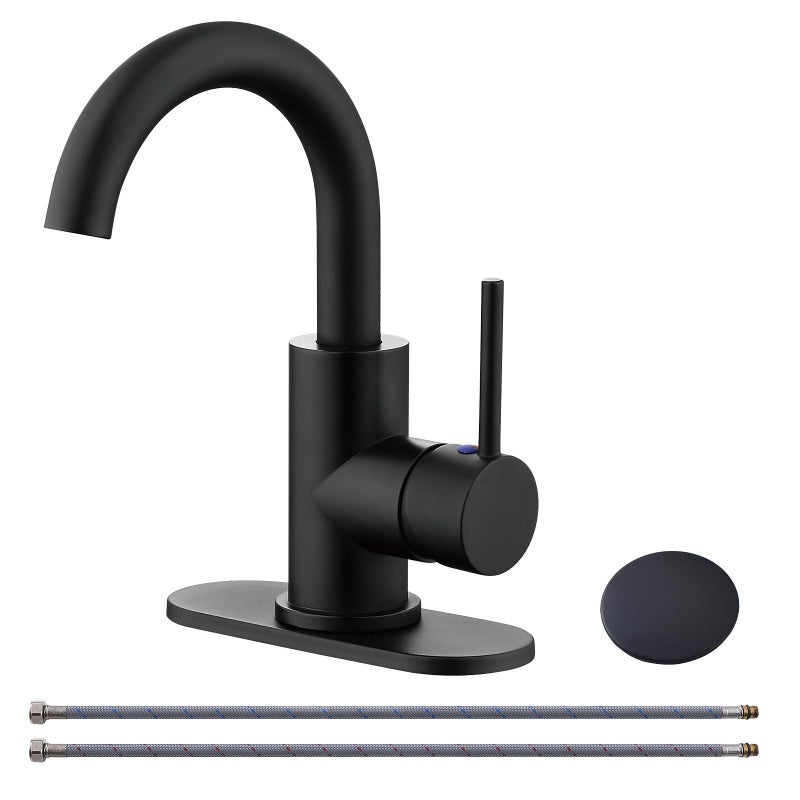 RKF Single-Handle Bathroom Sink Faucet, Swivel Spout, with Pop-up Drain with Overflow and Supply Hose,Bar Sink Faucet,Small Kitchen Faucet Tap,Matte Black,BF3501P-MB - Image 1